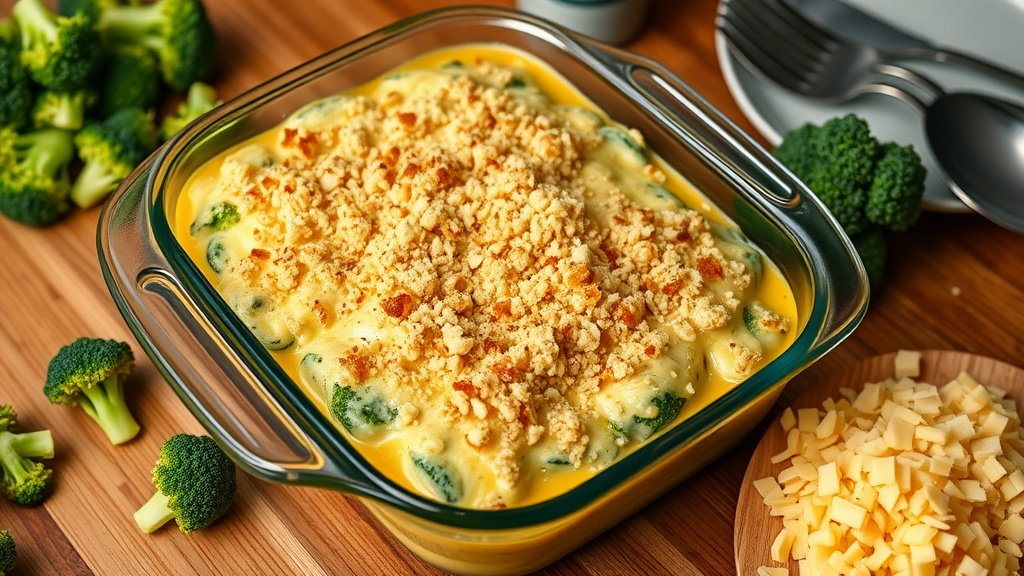 Cheesy Broccoli Casserole Delight A cheesy broccoli casserole in a baking dish, topped with breadcrumbs, surrounded by fresh broccoli, ready to be served.